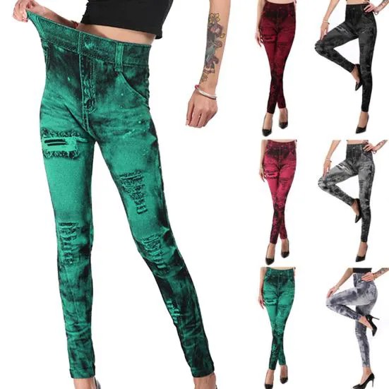 Модный выбор Женщины Эластичная имитация Джинсы Джинсовые леггинсы Высокая талия Тощие брюки