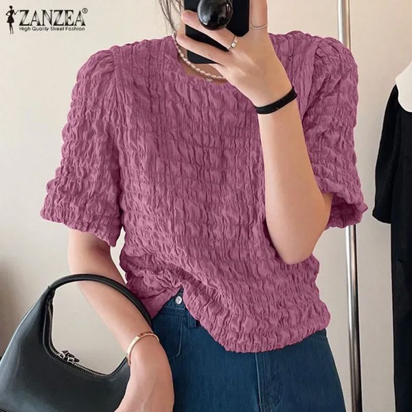 ZANZEA Женская мода Плиссированная блузка Рубашка Летняя повседневная O-образный вырез Половина рукава Футболка