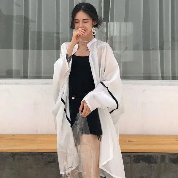Шифон солнцезащитный крем одежда средней длины летняя кардиган тонкое пальто студентка корейская версия свободный пляжный топ