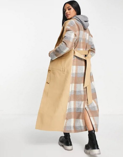 Длинное строгое пальто светло-коричневого цвета с поясом Missguided-Коричневый цвет