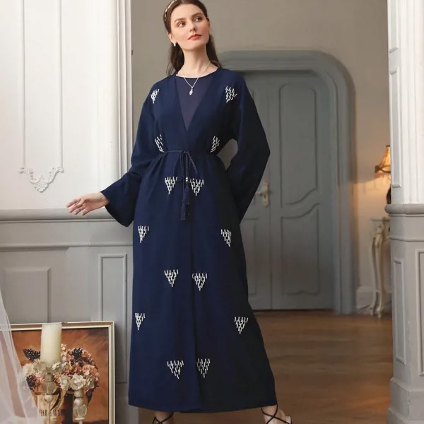 2021 мусульманский жемчужный темно-синий женский арабский кардиган ручной работы Abayas для женщин мусульманское платье женская Европейская од...