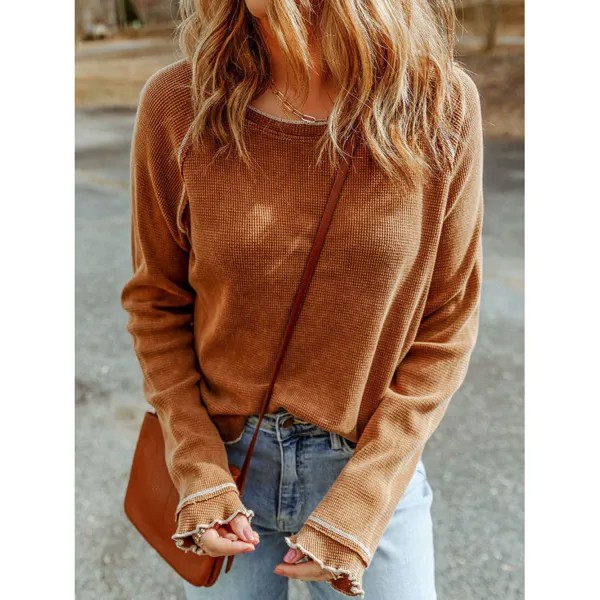Женская однотонная нижняя рубашка текстурированный пуловер с круглым вырезом тонкий топ с длинными рукавами