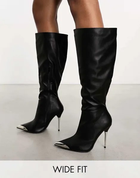 Черные ботинки из искусственной кожи с металлическими деталями на каблуке Public Desire Wide Fit Finery