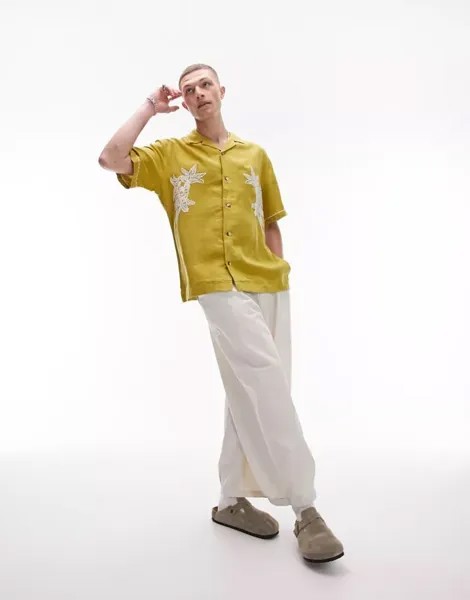 Зеленая рубашка Topman с короткими рукавами, воротником с лацканами и цветочной вышивкой свободного кроя