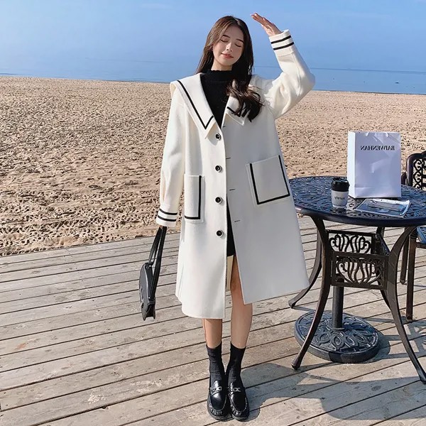 Женское шерстяное пальто, Корейская куртка на осень и зиму, свободная Новая ветровка в студенческом стиле, белая, темно-синяя куртка с ворот...