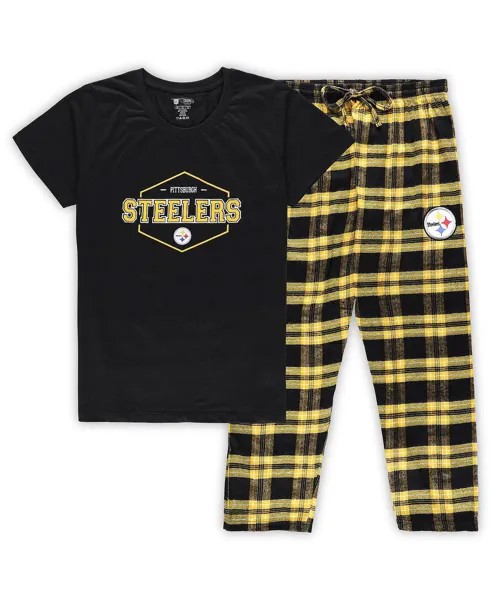 Женский комплект для сна из футболки и брюк больших размеров Pittsburgh Steelers черного и золотого цвета со значком больших размеров Concepts Sport