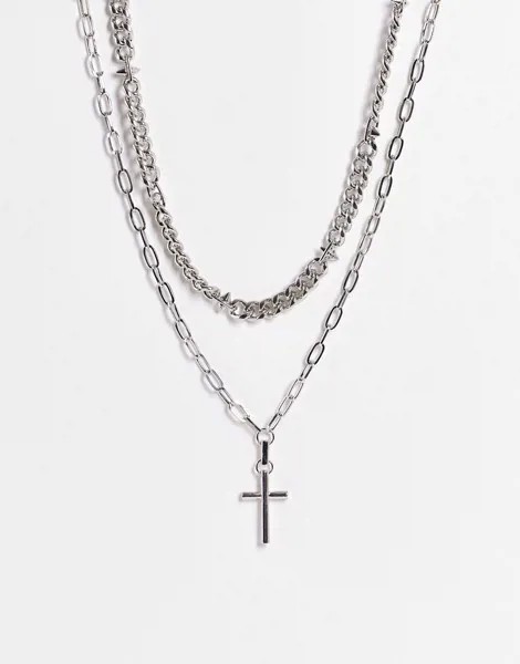 Серебристое ожерелье с двумя цепочками и подвеской в виде крестика Bershka-Серебряный