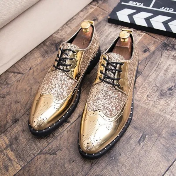 Новинка, роскошные брендовые золотые туфли-оксфорды для мужчин, итальянская формальная Свадебная Классическая обувь, мужские блестящие ту...