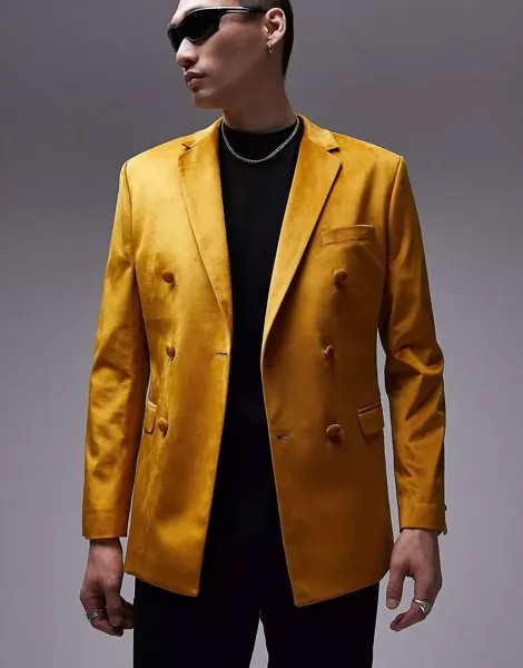 Золотистый двубортный бархатный пиджак скинни Topman