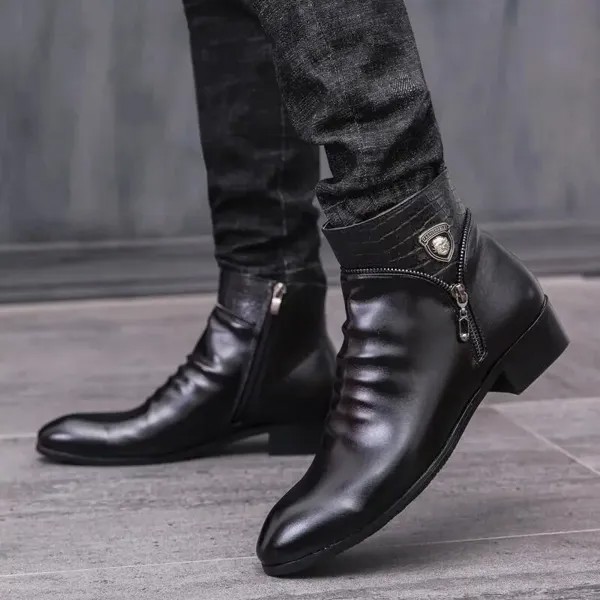Мужские однотонные короткие ботинки корейской версии, кожаная обувь с высоким британским верхом, кожаные ботинки с внутренним острым носко...