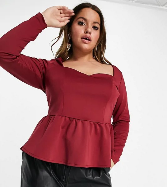 Бордовый топ с длинными рукавами и баской ASOS DESIGN Curve-Красный