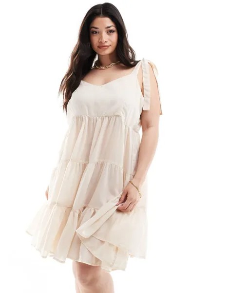 Кремовое многоярусное пляжное платье мини с завязками Vero Moda Curve