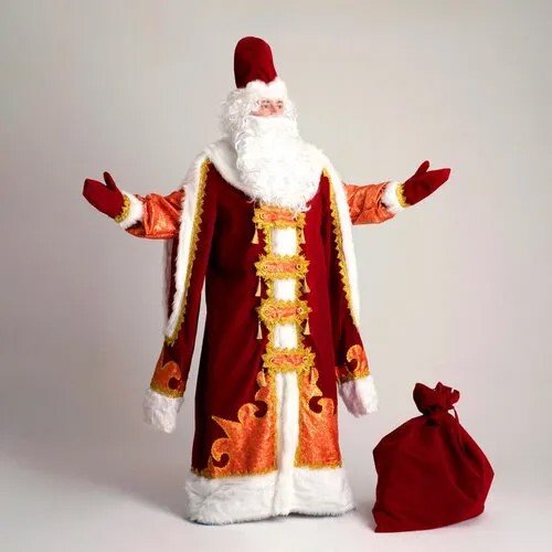 Карнавальный костюм 'Царский Дед Мороз', шуба, шапка, варежки, борода, парик, мешок, р. 54-56, рост 188 см