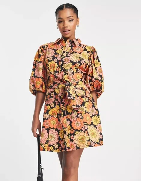Укороченное платье-рубашка из твила ASOS с пышными рукавами, завязывающимся поясом и цветочным принтом в стиле ретро
