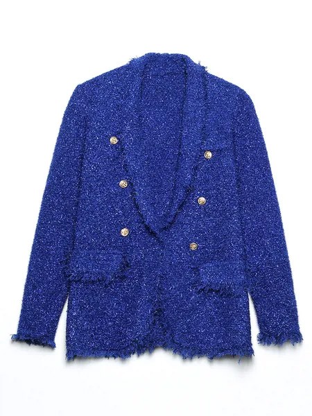 Milanoo Women Blazer Stylish Polyester Turndown Collar Pockets Long Sleeves Oversized Blue Overcoat
