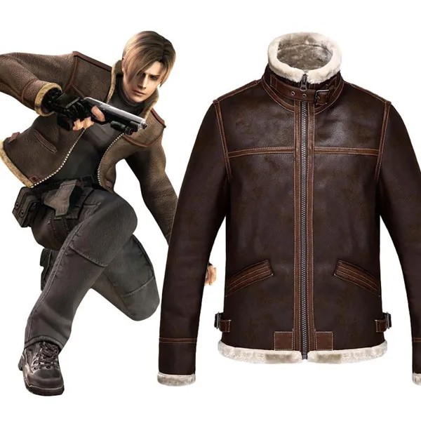 Мужская куртка из искусственной кожи Leon S Kennedy, зимняя куртка из флиса с плюшевой подкладкой, куртка из синтетической овечьей шерсти коричневого цвета