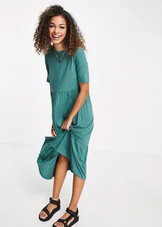 Ярусное платье-футболка миди хвойно-зеленого цвета с присборенной юбкой ASOS DESIGN-Зеленый цвет