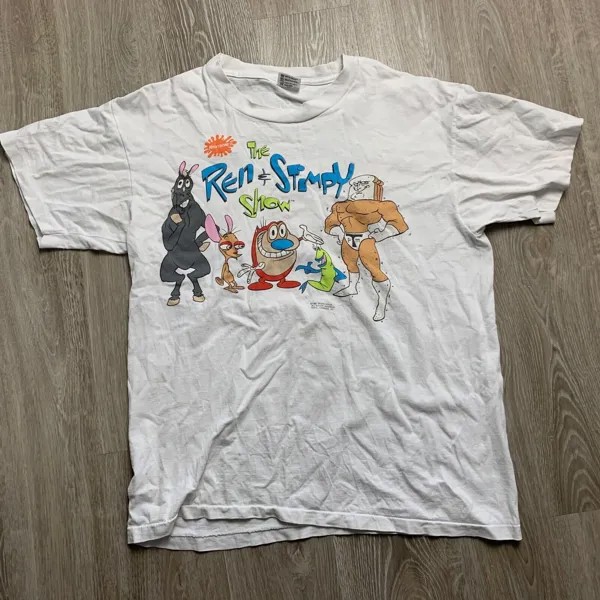 Изменения Nickelodeon Ren and Stimpy 1992 Vintage Double Side White T-Shirt Mens L