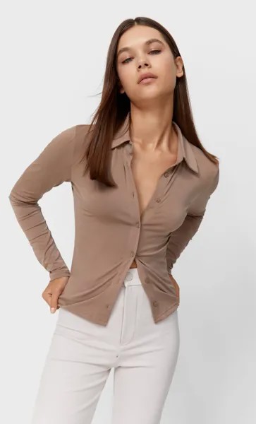 Stradivarius Укороченная Рубашка Из Трикотажной Ткани Цвет Камня L