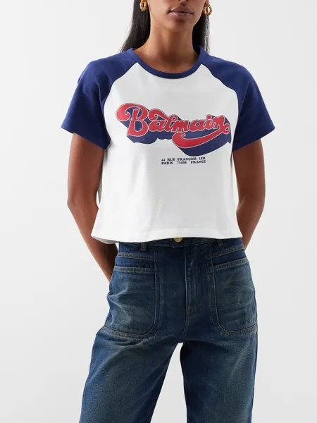 Укороченная футболка из хлопкового джерси с логотипом 70-х годов Balmain, белый