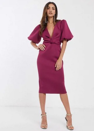 Малиновое платье-футляр миди с объемными рукавами ASOS DESIGN-Розовый