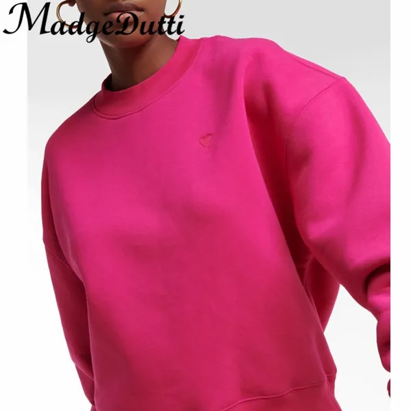 11,5 г., MadgeDutti, розовая персиковая вышитая надпись, круглый вырез, длинный рукав, свободная хлопковая Удобная Женская толстовка