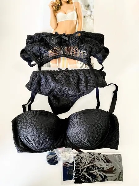 КОМПЛЕКТ из 4 предметов DIAMOND, черный пояс с подвязками, сексуальный кружевной бюстгальтер, стринги, колготки 38B XL