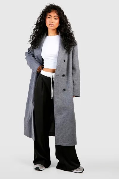 Двубортное шерстяное пальто оверсайз с подплечниками макси boohoo, серый