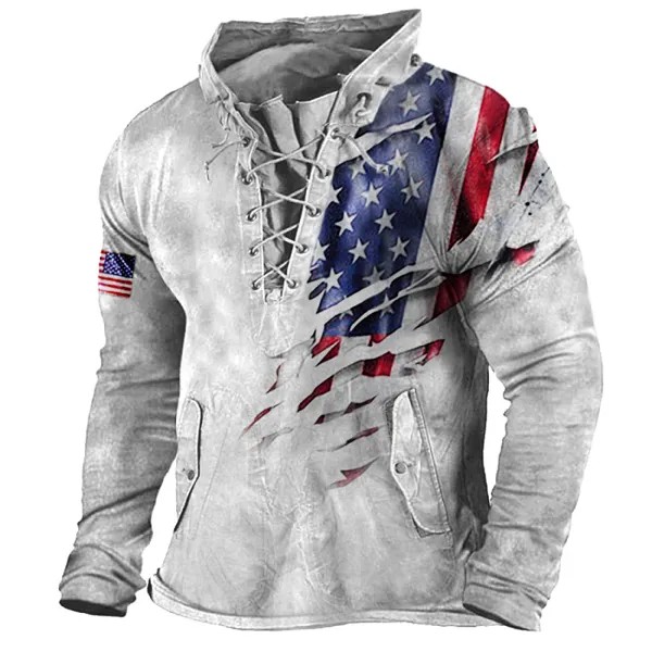 Мужская винтажная тактическая футболка с капюшоном и шнуровкой с принтом американского флага на открытом воздухе