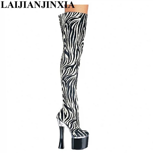 Женские сапоги выше колена 7 дюймов, соблазнительная обувь в полоску зебры, удобные повседневные трендовые сапоги на высоком каблуке 18 см с круглым носком