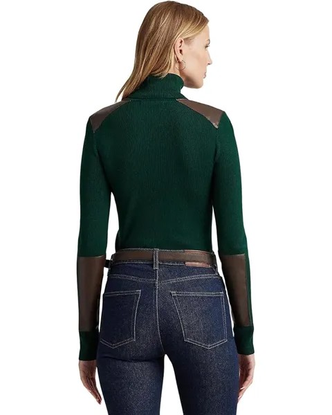 Свитер LAUREN Ralph Lauren Petite Faux Leather Trim Ribbed Turtleneck, цвет Season Green