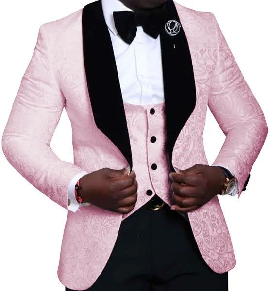 Lansboter розовые мужские костюмы из 3 частей с цветочным рисунком жаккардовая Черная шаль с лацканами для жениха мужские смокинги для свадьбы Блейзер жилет брюки