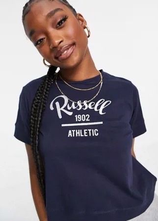 Темно-синяя укороченная футболка с логотипом Russell Athletic-Темно-синий