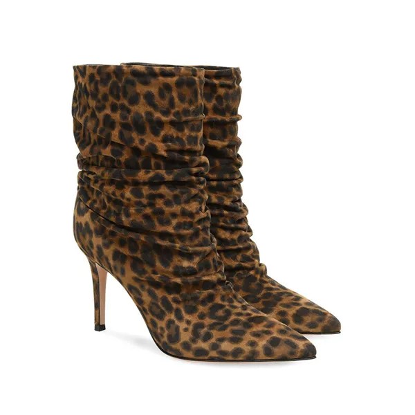 Женские Плиссированные ботинки с леопардовым принтом, короткие сапоги на высоком каблуке, женские ботильоны с острым носком, туфли-лодочки