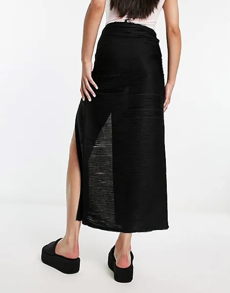 Черная фактурная юбка макси с разрезом на подоле ASYOU