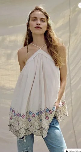 Мини-платье Free People с сапфировым металликом и цветочной вышивкой по подолу, M