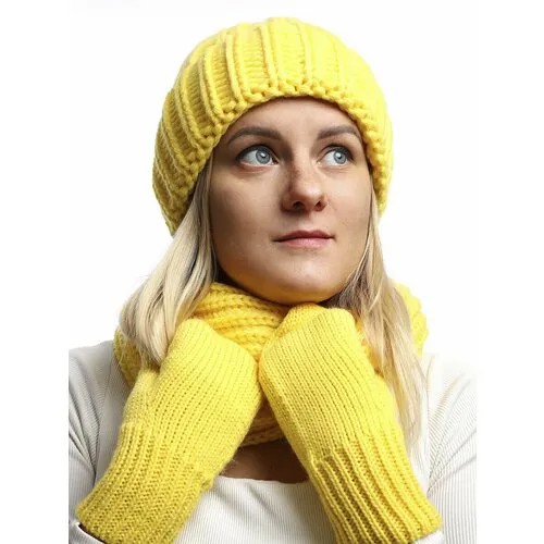 Шапка  Комплект зимний шапка, варежки, снуд, размер OneSize, желтый