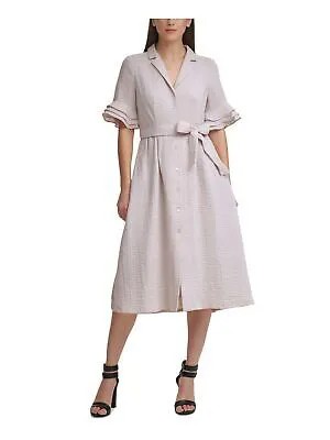 Женское бежевое платье-рубашка DKNY с поясом и тройными рюшами и рукавами до локтя 8