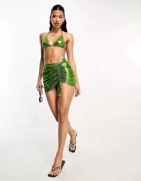 Зеленая металлическая юбка-мини со сборками South Beach