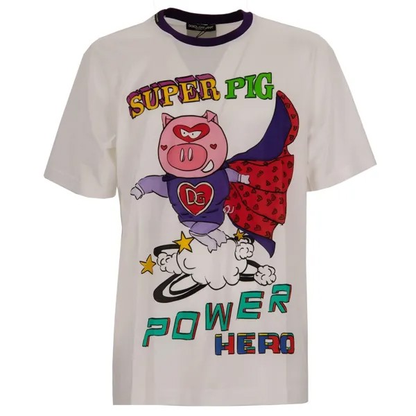 DOLCE - GABBANA Хлопковая футболка Super Pig Power с нашивкой-логотипом Белый Розовый 12558