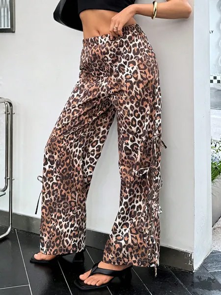 SHEIN 2024 Новое поступление, прямые повседневные брюки с леопардовым принтом для женщин, с высокими бортами и поясом, многоцветный