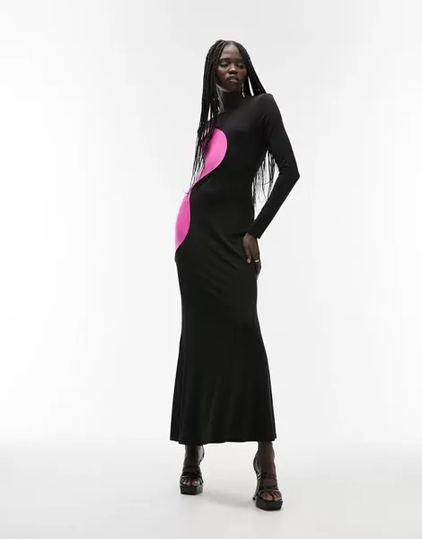 Черно-розовое платье макси из джерси с завитками и цветным замком Topshop