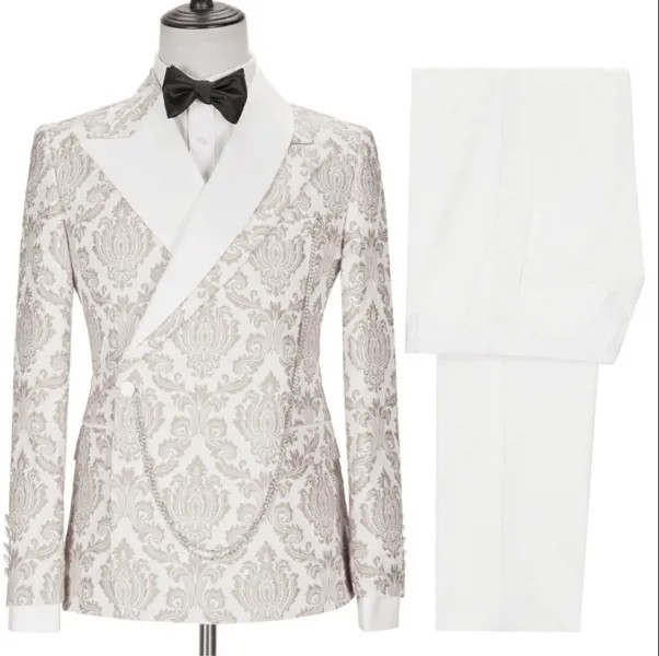 Индивидуальный модный жаккардовый Свадебный костюм абрикосового цвета для мужчин формальный костюм для жениха для выпускного вечера облегающие смокинги Мужской Блейзер 2 предмета с белыми брюками