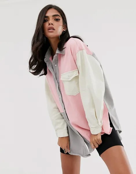 Джинсовая oversize-рубашка в стиле колор блок пастельных оттенков Missguided-Мульти