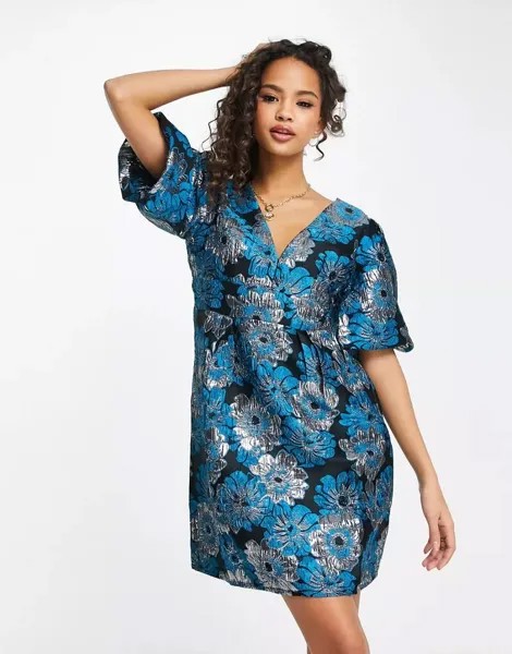 Синее жаккардовое мини-платье Vero Moda с цветочным принтом