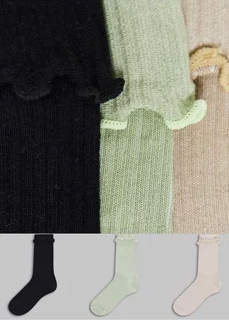 Набор из 3 пар разноцветных носков до середины икры с оборкой по верхнему краю ASOS DESIGN-Разноцветный