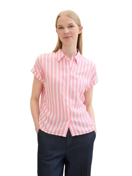 TOM TAILOR блузка с короткими рукавами и полосатым узором, цвет Pink Offwhite Stripe