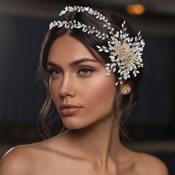 Blingbling Стразы головные повязки большого размера золотистые Серебристые стильные наушники из сплава с цветами как заколка для волос Женская ...