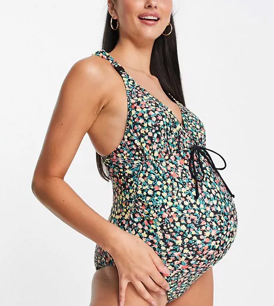 Купальник из переработанного смесового материала с ярким цветочным принтом Mamalicious Maternity-Разноцветный