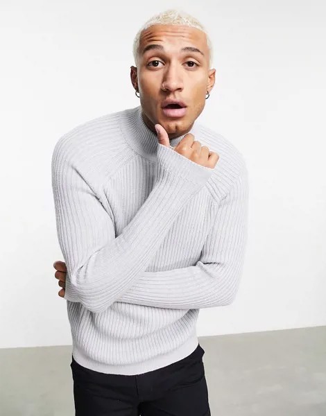 Серый вязаный джемпер в рубчик с короткой молнией ASOS DESIGN